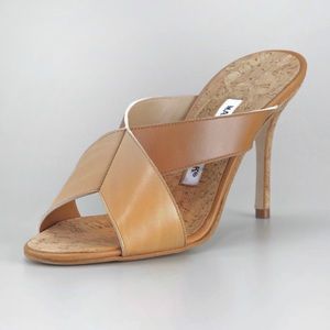 Manolo Blahnik Dalema Cork and Leather X-Cross High-Heel Slide 38.5